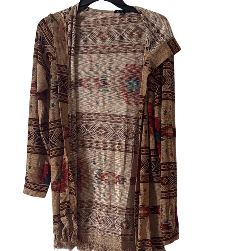 Socialite Tan and Red Geometric Cardigan Sweater